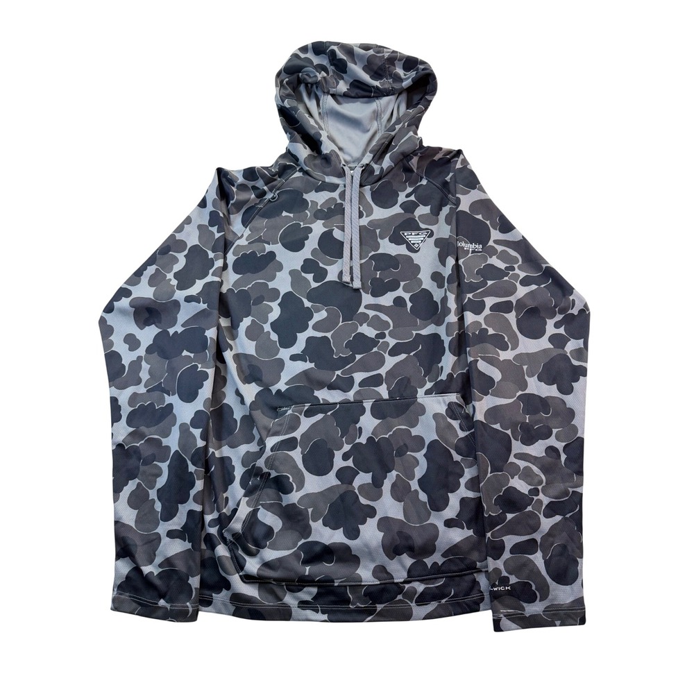 Columbia Hoodie Mens S Grey Camo PFG Terminal Tackle Pullover Active Fit Fishing